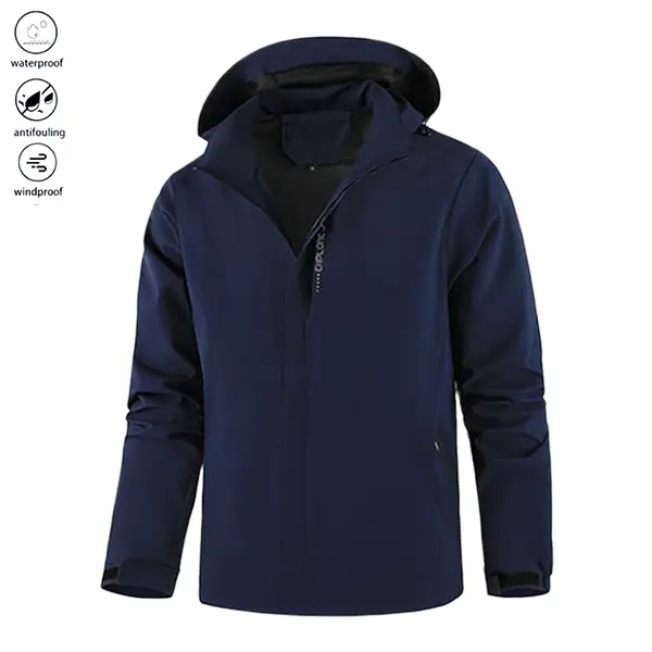 Lightweight Men's Outdoor Casual Jacket - Navy Blue, Windproof Waterproof, Hooded Jacket with Zipper Pockets, Polyester Fiber, Suitable for Spring and Autumn, Machine Washable