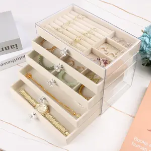 Five-Layer Acrylic Jewelry Storage Box with Flocked Drawer Lining for Rings Necklaces Earrings Transparent Exterior Sturdy Durable Modern Display Box