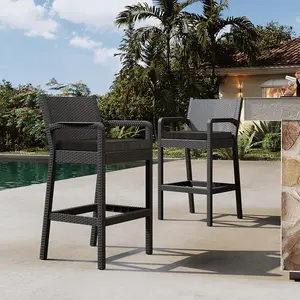 Set of 2 Outdoor Bar Stools with Arms, Patio Bar Stools Wicker Barstools Tall Chairs, Bar Height Patio Chairs for Balcony Garden Outside Pool Deck Backyard