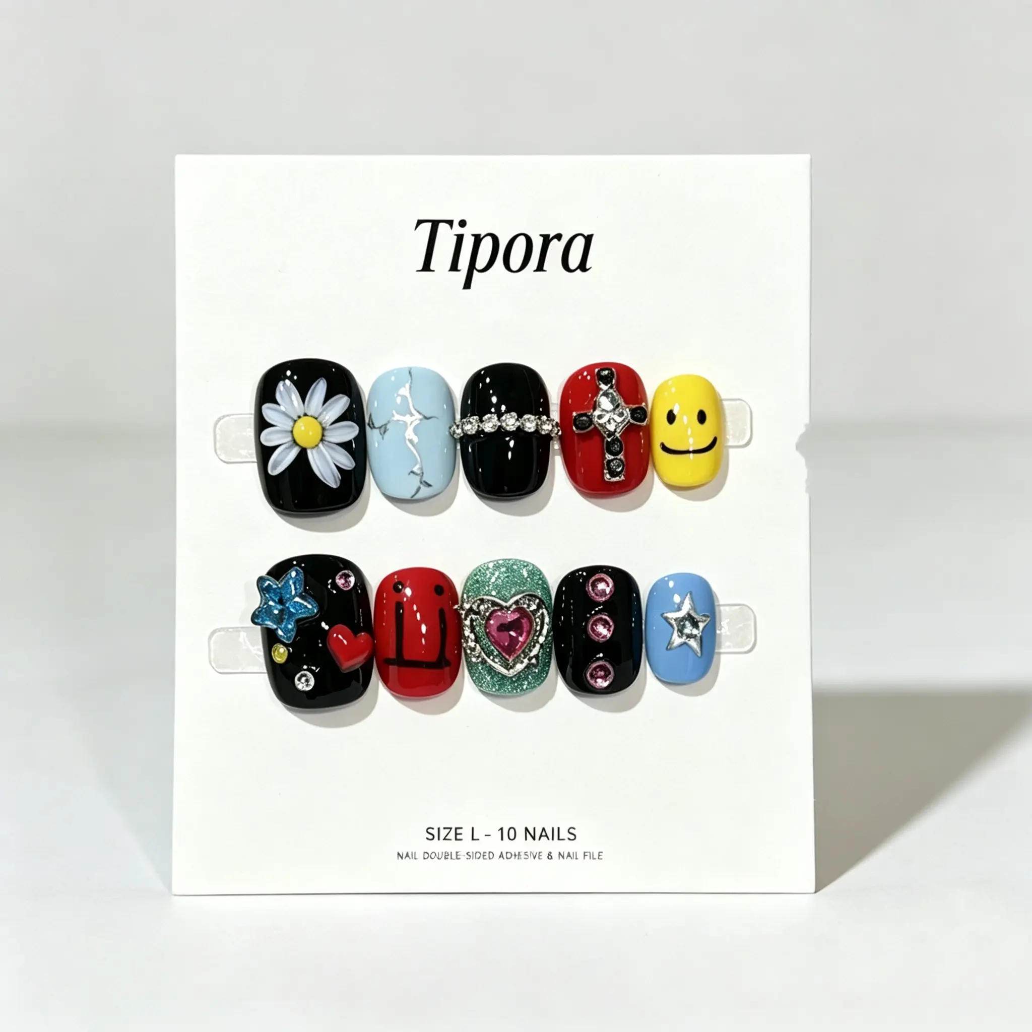 10-Piece Handmade Spring Summer Cartoon Short Square Nails, Colorblock Sweet Cool Daisy Rhinestone Nail Set, Reusable
