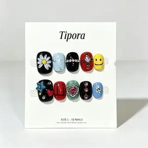 10-Piece Handmade Spring Summer Cartoon Short Square Nails, Colorblock Sweet Cool Daisy Rhinestone Nail Set, Reusable