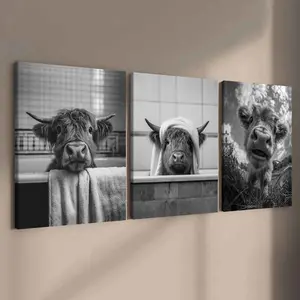 3-Piece Solid Wood Canvas Art Set, Cute Cow Poster, Fun Animal Decor, Modern Wall Art for Living Room, Bathroom Wall Art, Ideal Gift Idea