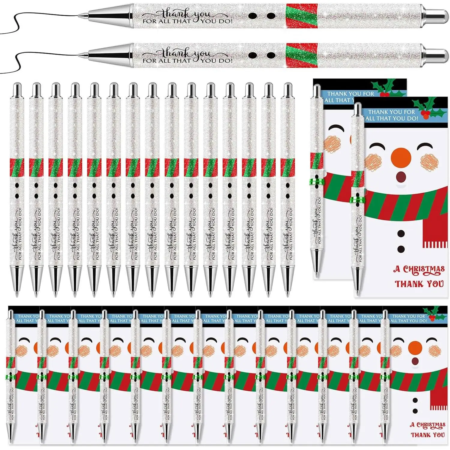 36 Sets Christmas Gifts Bulk Glitter Christmas Pens Motivational Ballpoint Pens with Thank You Cards Employee Appreciation Gifts for Office Coworker Holiday Party Favors (Snowman)