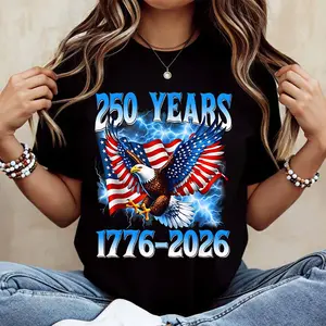 American Eagle Flag 250 Years 1776 2026 Independence Day Print T Shirt Women Casual Short Sleeve Top