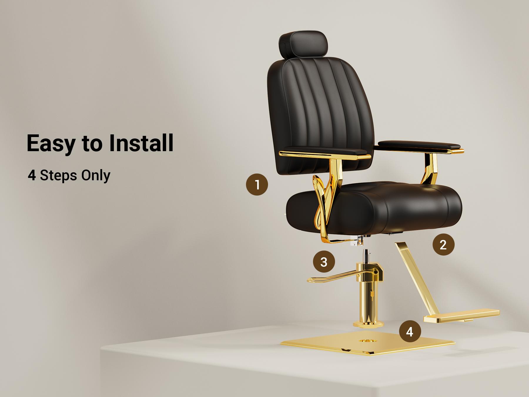Baasha Luxury Black & Gold Reclining Salon Chair | Adjustable & Removable Headrest | 330lbs Heavy Duty Hydraulic Pump | High-Density Foam Soft PU Leather | 360° Swivel All-Purpose Styling Chair for Tattoo, Makeup & Hair Stylists