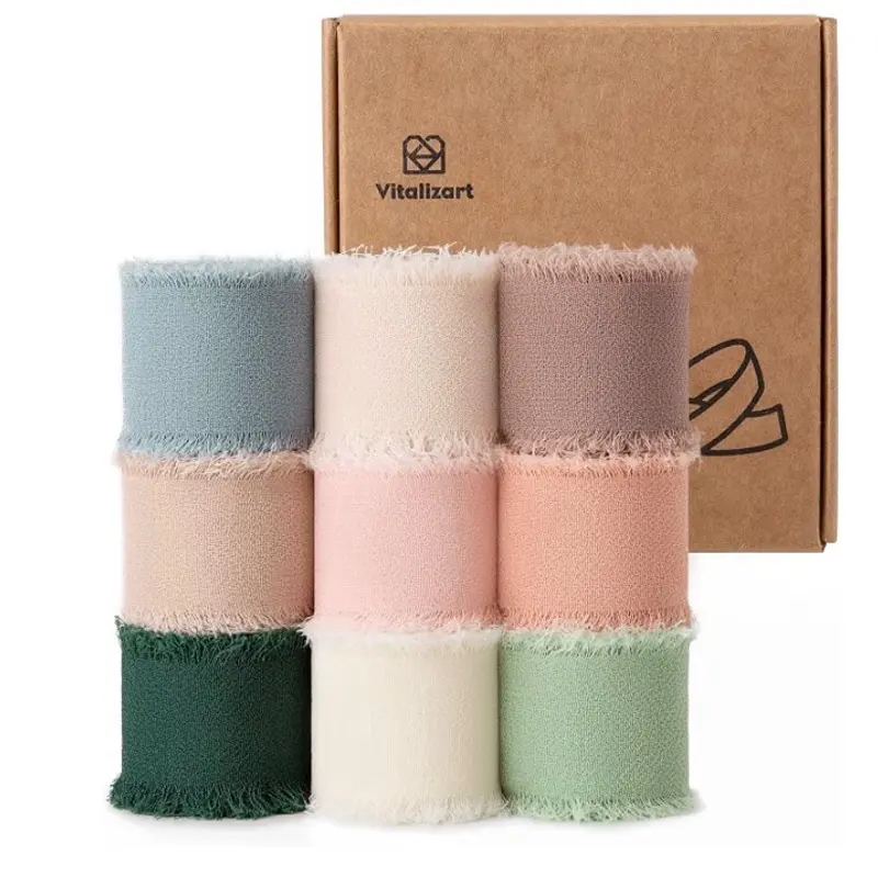 Vitalizart 1" x 27 Yd Chiffon Silk Ribbon Mixed Color Ribbons Set 9 Rolls 3 Yd Fringe Fabric Rustic Soft Thin For Flower Bouquet Gift Wrapping Bridal Baby Shower Wedding Invitations Crafts Bows