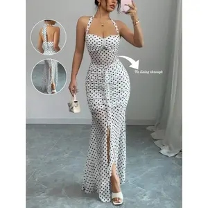 Elegant Spaghetti Strap Backless Digital Print Polka Dot 40D Nylon & Spandex Ruffled Waist Drawstring Fishtail Dress For Women, Spring/Summer Fit Formal Womenswear Fabric Evening Sleeve Soft Polyester Casual White