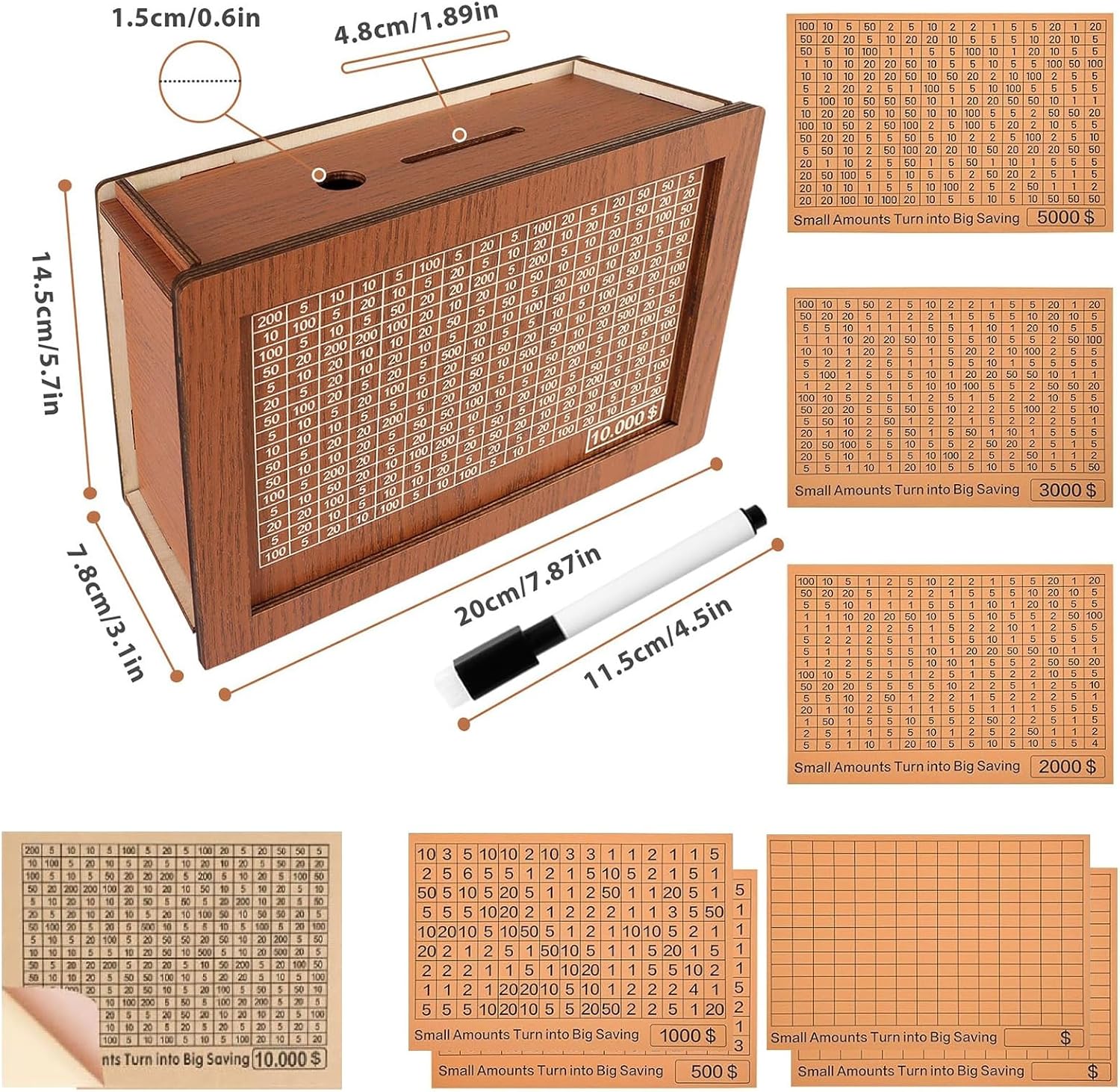 Money Saving Box Piggy Bank for Adults Kids 10000 Savings Challenge Box Money box Wooden Reusable Savings Box With $10000 5000 3000 2000 1000 500 Target Best Gift for Kids Adult Friends(8Sheets,Brown)