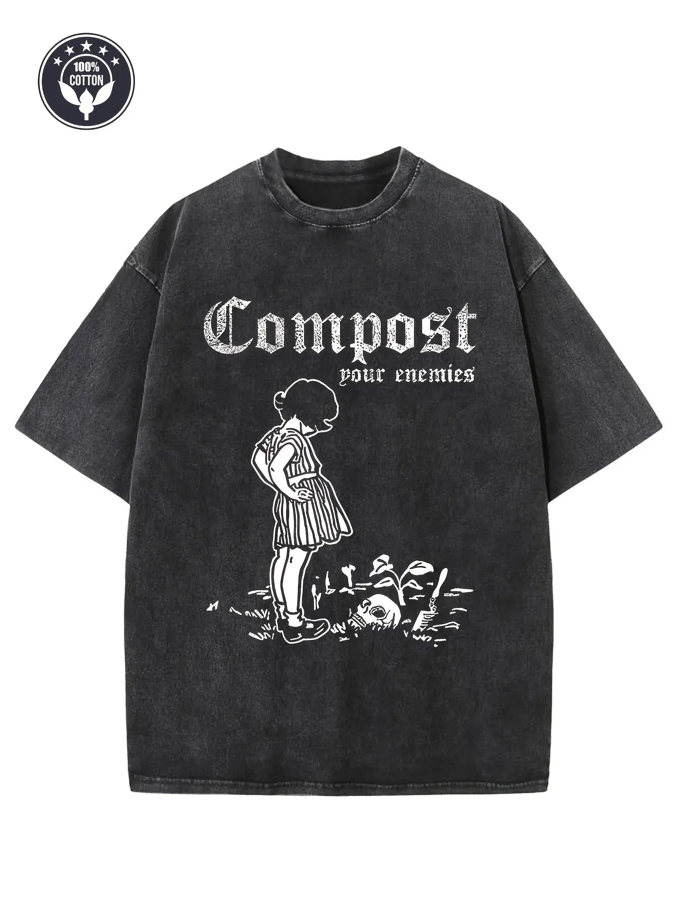 Vintage Compost Your Enemies Gothic Font Little Girl Gardening Dark Humor Graphic T-Shirt, Washed Black Oversized Cotton Crewneck Tee, Retro Weirdcore Sarcastic Garden Meme Streetwear Gift Top