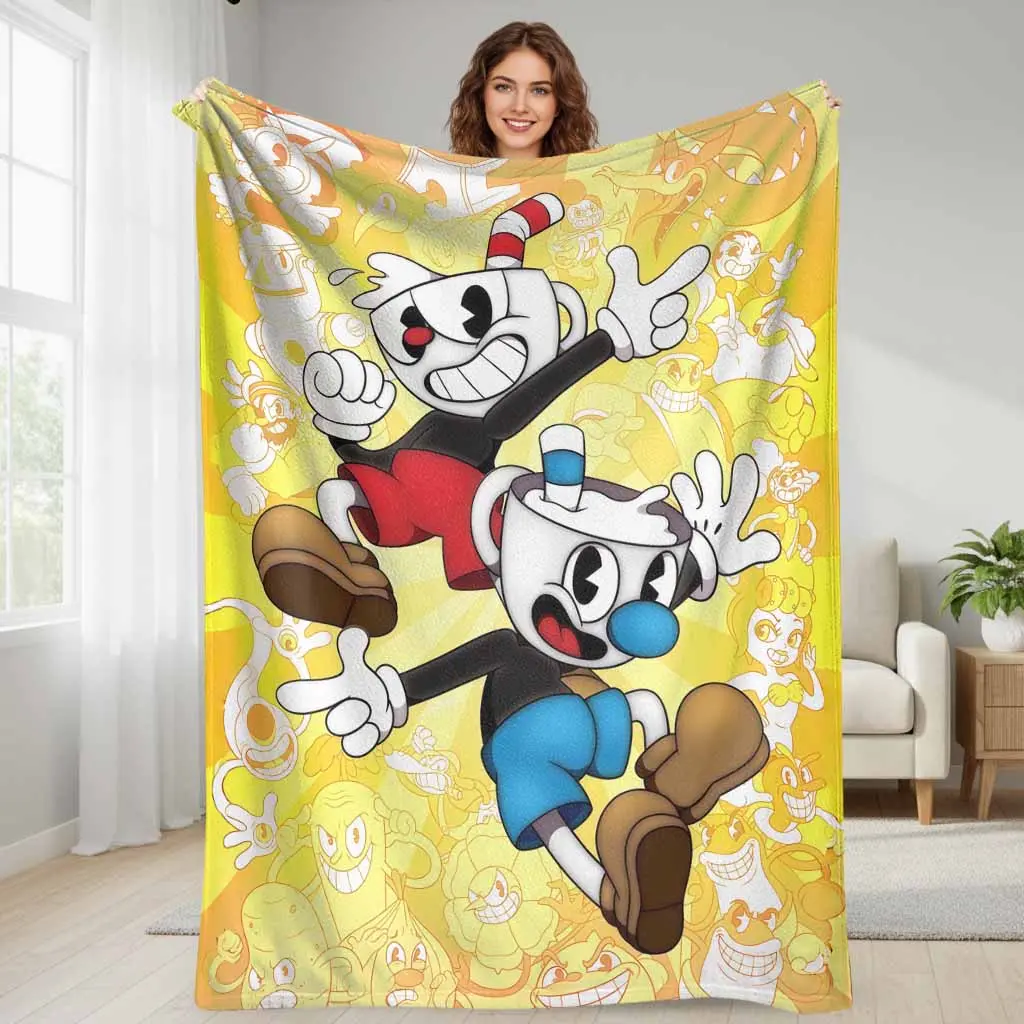 Cartoon Cuphead Flannel Throw Blanket - Video Games Themed Animated Character Artwork, Cozy Warm, Lightweight Durable, Wrinkle Resistant, Anti-Pilling, Suitable for Sofa & Bedroom, Ideal Thanksgiving Gift for Video Game Enthusiasts, Cozy Aesthetic