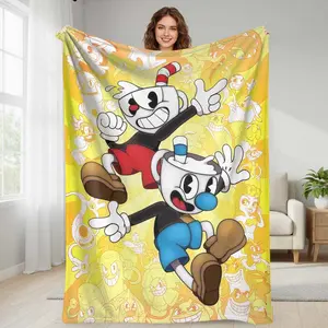 Cartoon Cuphead Flannel Blanket， Animated Characters Artwork， Cozy and Warm， Lightweight and Durable， Suitable for Sofa， Bedroom， Living Room， Travel， Perfect as a Gift for Movie Buffs， Video Game Fans and Animation Enthusiasts.