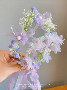A crown tiara princess wreath super fairy pearl streamer headband flower girl wedding head flower women's headband Cute hair accessories Sparkling Flower Headbands