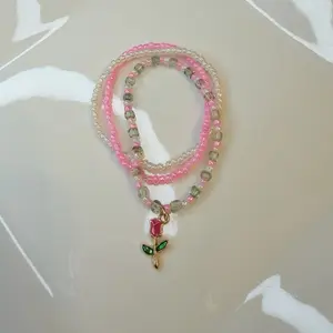 Pink and Pearl Glass Seed Bead Stackable Bracelets with Rose Charm for Women's Fashion Jewelry