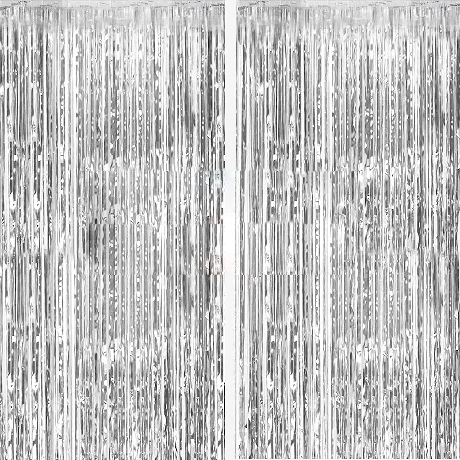 2-Pack Shiny Silver Foil Curtain Streamers, Metallic Tinsel Foil Fringe Photo Booth Backdrop, Festive Party Decorations for Birthday, Wedding, Holiday Celebrations