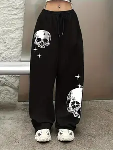 Women's Oversized Baggy Joggers Sweatpants | Goth Skull Print Streetwear Pants | High Waisted Drawstring Loose Fit Track Pants | Stretchy Comfy Lounge Casual Pants for Women | Trendy Grunge Aesthetic Baggy Trousers | Baggy Jogging Pants