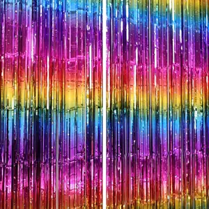 Sparkly Rainbow Foil Fringe Curtain Backdrop - 2 Packs Gradient Tinsel Streamers for Birthday Gay Pride 80s 90s Disco Photo Booth Props Party Decorations - Rainbow (3.3 x 6.6 Ft)