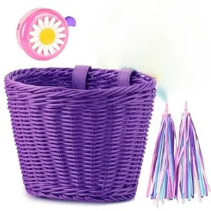 Kid's Bicycle Basket Streamers Set Children's Bike Handlebar Wicker Basket Bike Streamers Bell and Stickers Bicycle Decoration Accessories for Toddler Children Kids Girl