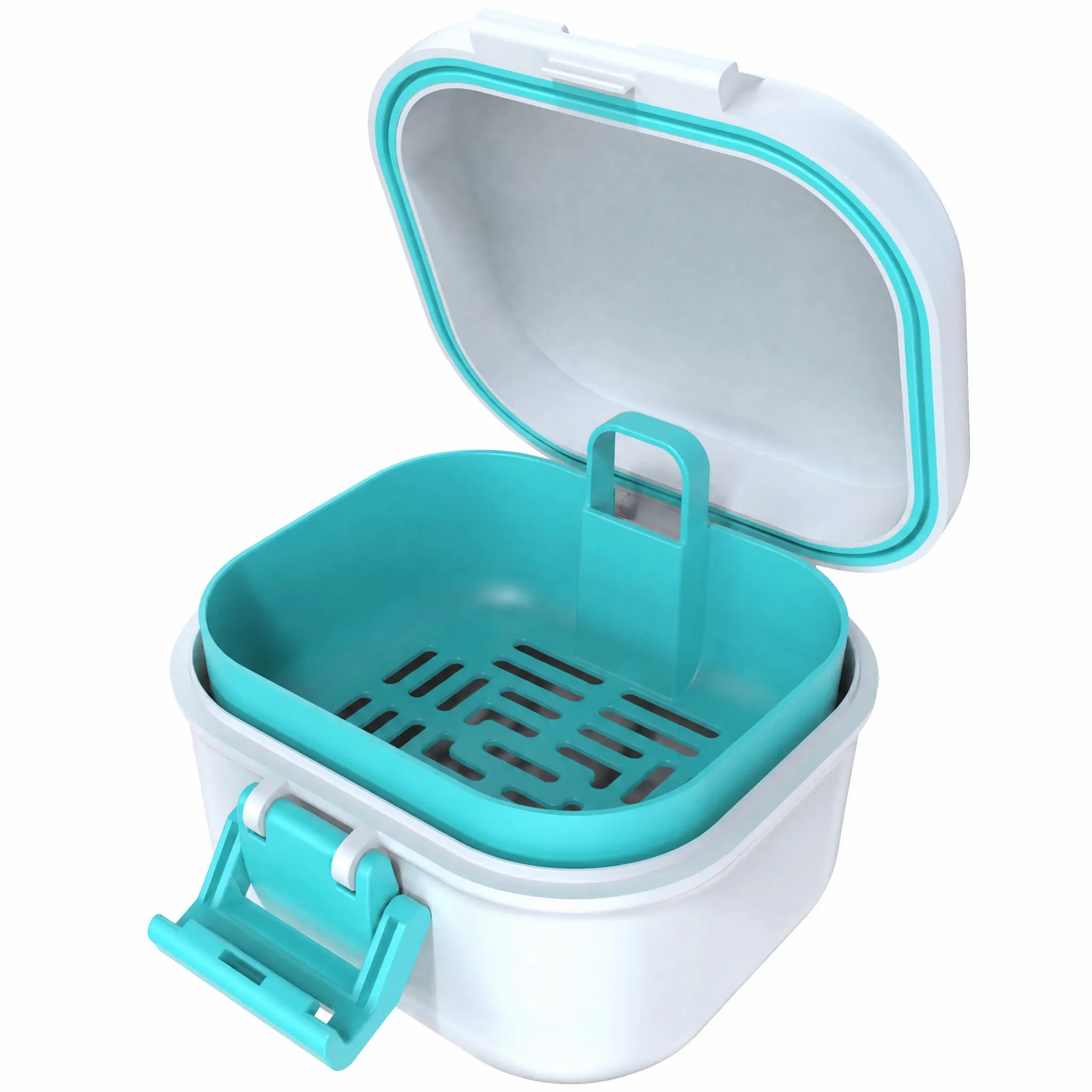 BVN Leak-Proof Denture Case, Denture Cup for Soaking Dentures, Retainer Cleaning Case White and Cyan Dent