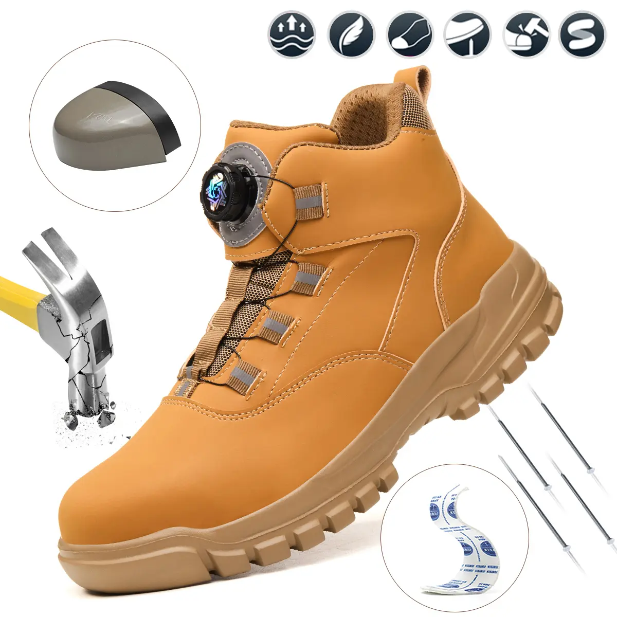 Men’s steel-toe work shoes—breathable and comfortable, safety footwear for outdoor use with an anti-slip sole and a wear-resistant outsole, securely lacquered to prevent puncture hazards. Rubber Work Boots Worker