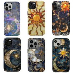 Celestial Stained Glass Phone Case - Mosaic Sun and Moon Art Design for iPhone 17 16 15 14 13 12 11 Pro Max - Gothic Whimsical Aesthetic Protective Cover
