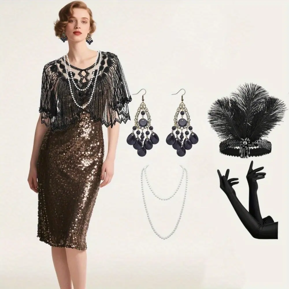 Women's 4-Piece 1920s Accessory Set, Art Deco Flapper Style Costume with Crystal Feather Headband, Long Satin Gloves & Pearl Necklace for a Gatsby Party & Halloween, Evening, Christmas, Flapper Look, Crystal Beads, Blingbling, 1920S Roaring Flapper, Soft