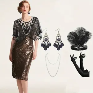 Pack of 4 Women's 1920s Flapper Costume Set with Adjustable Beaded Headband,Necklace Earrings,Black Satin Gloves - Vintage Roaring Twenties Accessories for Themed Parties,Weddings