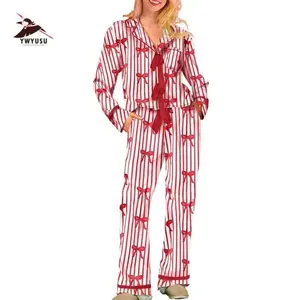 Women Christmas Pajamas Sets Bow/Heart Print Tie Front Long Sleeve Tops and Long Pants Set