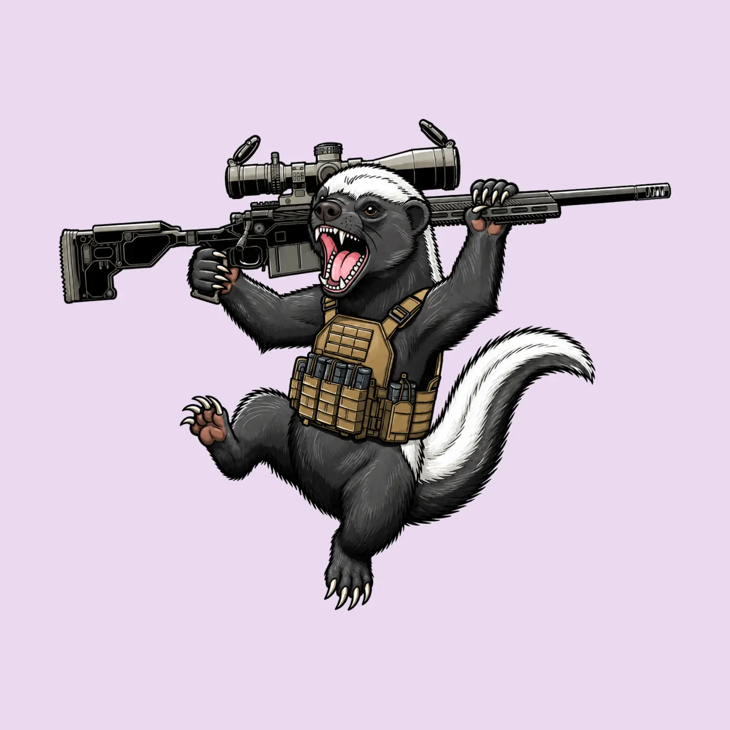 Tactical Honey Badger Sniper Sticker, Fierce Armed Badger with Rifle and Military Vest, Funny Hunting Gun Vinyl Decal for Truck, Laptop, Tumbler