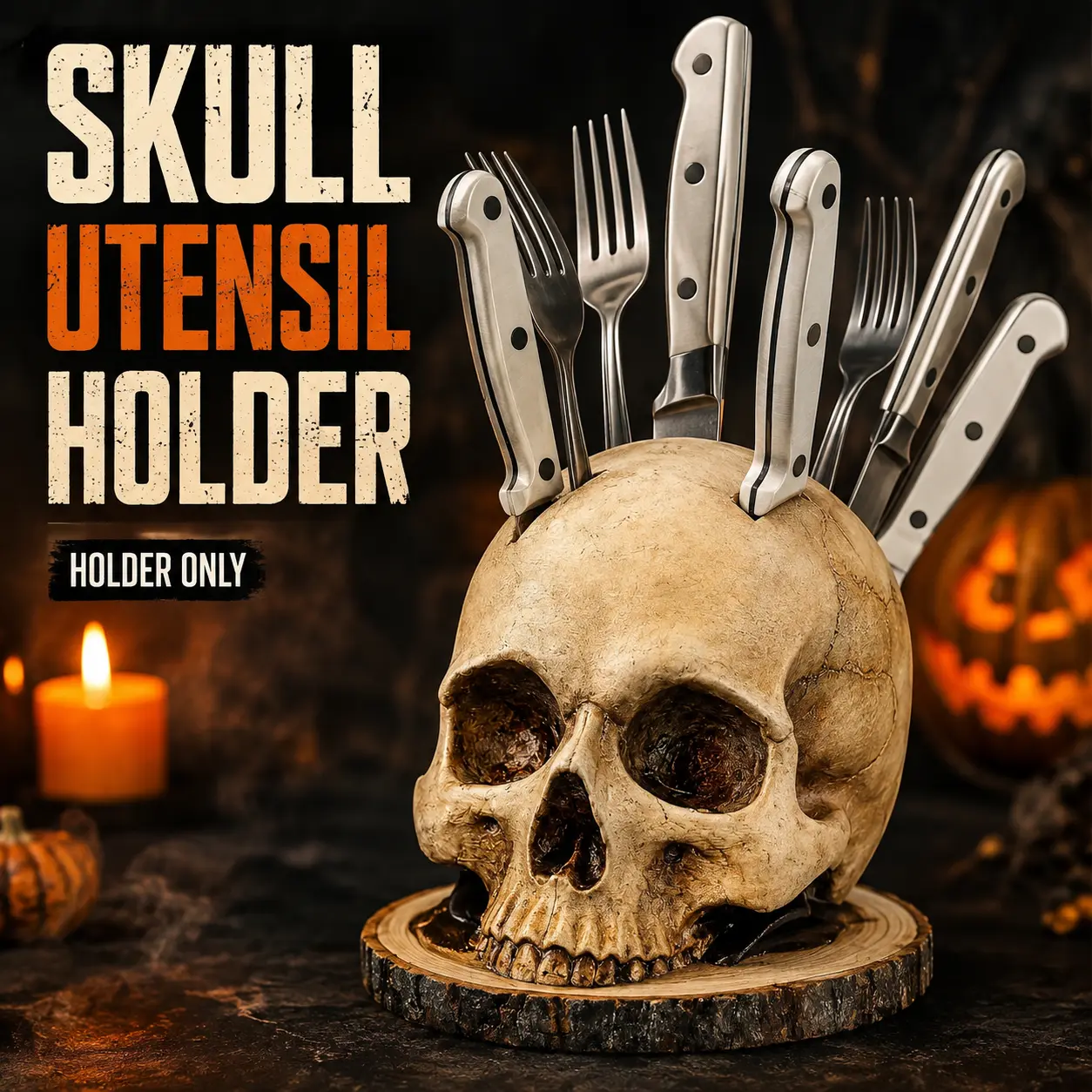 Halloween Skull & Zombie Head Utensil Holder, Spooky Resin Knife Fork Storage Stand, Horror Kitchen Countertop Table Decor, Holder Only