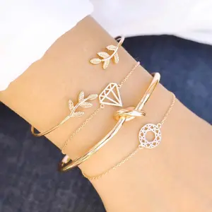 4 Pcs/ Set Bohemian Gold Color Leaves Knot Round Chain Open Bracelet Set For Women Punk Boho Beach Bangle Jewelry Wholesale