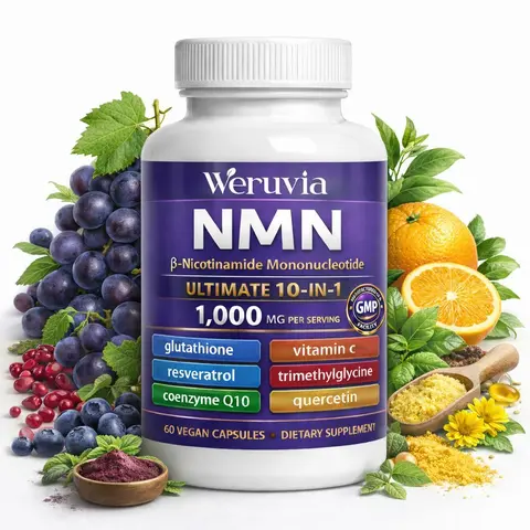 Weruvia Summervibes NMN 1000mg + CA AKG 10-in-1 Blend Dietary Supplement - Resveratrol + CoQ10, Biotin, MSM, Hyaluronic Acid, NAD+ Booster, Anti-Aging, Skin-Hair-Nail Care, Cellular Health Support, Vegan Daily Ease, 60 Vegan Capsules, Nicotinamide