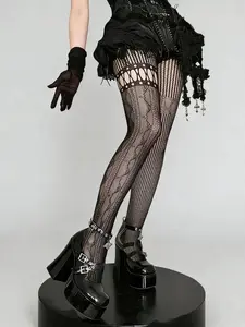 Y2K Style Plus Size Shiny Hollow-Out Stockings, Women Pantyhose, Sexy Punk Aesthetic, Fitted Plain Design, Ideal for Daily Wear, Parties, Dates