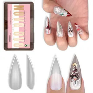 NOVO OVO Sharp Stiletto Pointed Medium Long Nail Tips Press on, Soft Gel Double Matte Clear Fake Nail Extension, Full Cover False Nails for Salon DIY x 16 Sizes 224 pcs【NO GLUE ,TOP COATAND LAMP INCLUDED】