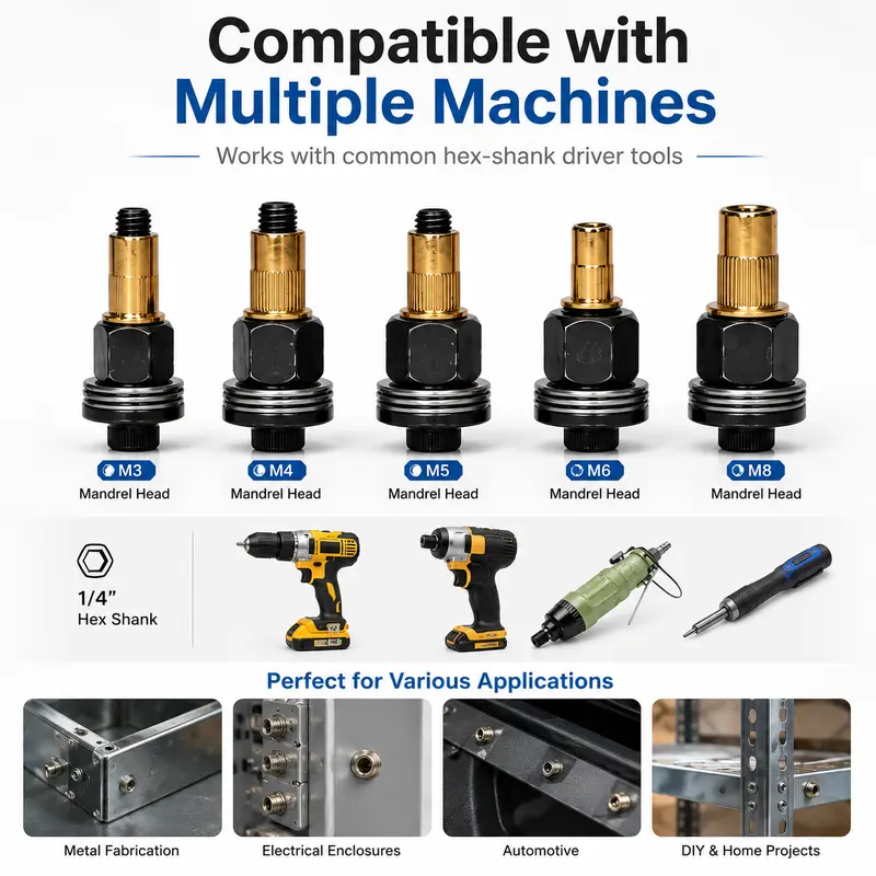 M3 M4 M5 M6 M8 rivet nut heads compatible with common hex shank driver tools