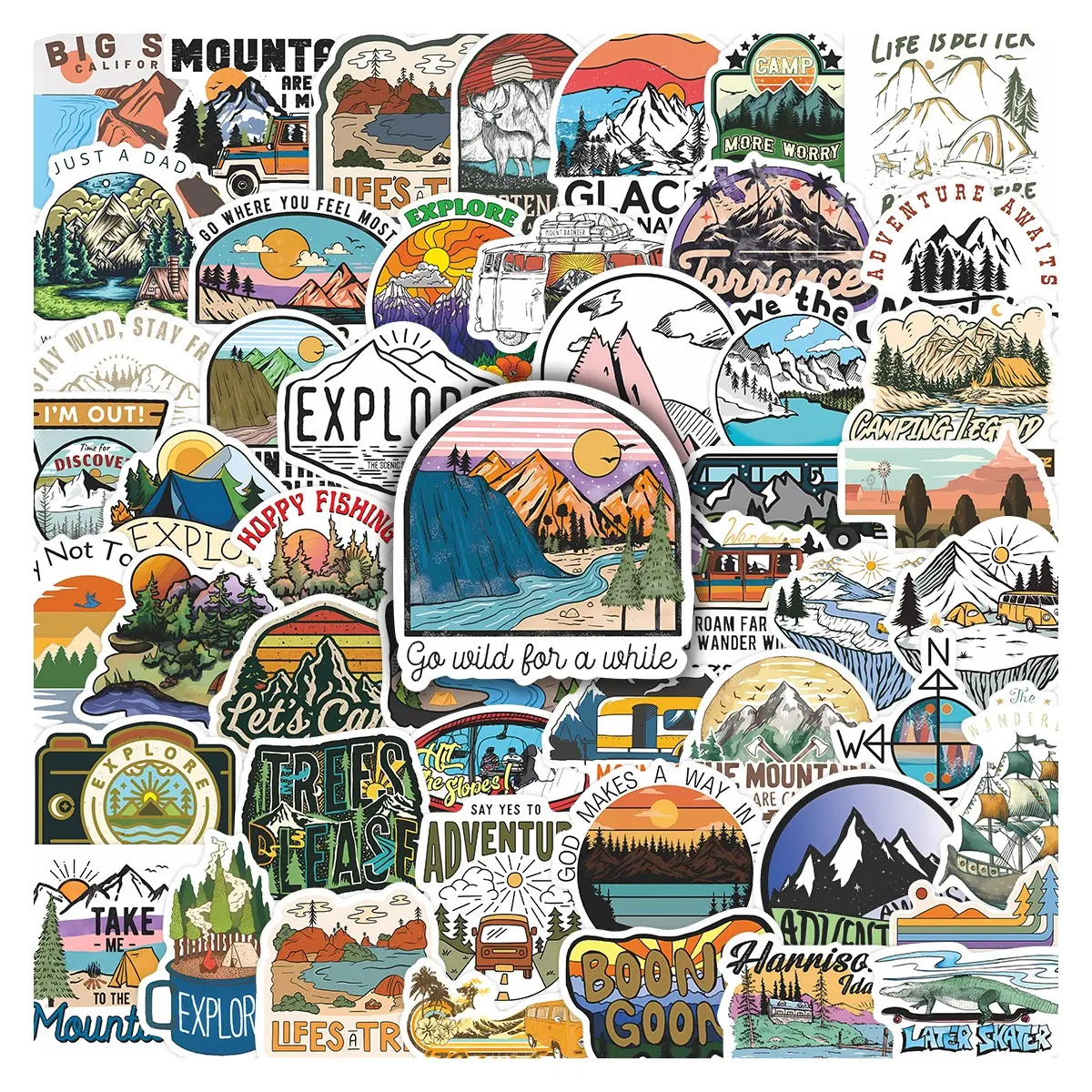 50pcs Vintage Mountain Outdoor Adventure Stickers Pack, Waterproof Camping Hiking Nature Decals for Laptop, Water Bottle, Journal & Scrapbook, Outdoor Lover Gift, Aesthetic Stickers, Decorative Stickers