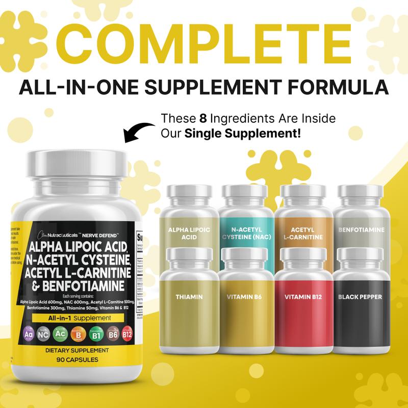 Clean Nutra Alpha Lipoic Acid, N-Acetyl Cysteine, Acetyl L-Carnitine & Benfotiamine for Healthy Nerve Function - Nerve Defend