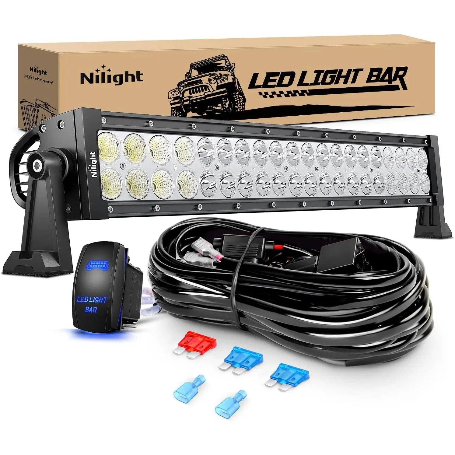 Nilight 22-in-1 120W Spot Flood Combo LED Light Bar - Aluminum Alloy Heat Dissipation, 12V 5-Pin Industrial-Grade Rocker Switch, 16AWG Wiring Harness, Adjustable Mounts, Precision Waterproof Design for Trucks