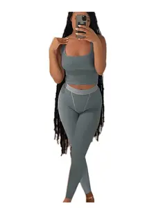 Casual Workout Sets 2 Piece Outfits for Women Ribbed Crop Tank, Top High Waist Leggings Active Wear Womenswear Overalls Suits Underwear