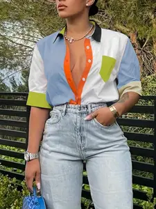 Women's Colorblock Pocket Button Front Shirt, Summer Clothes Women, Casual Buttons Collared, Casual Half Sleeve Collared Top For Summer, Women's Clothes For Daily Wear