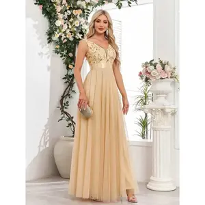 V-neck mesh & sequin A-line prom bridesmaid dresses; formal wedding guest gowns for graduation and dinner