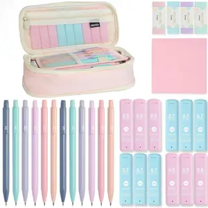 30-Piece Aesthetic Automatic Pencil Set, Stationery Set, Includes Cute Pencil Case, 12 Colorful Mechanical Pencils (0.5 & 0.7mm), Hb Leads, Erasers, Sticky Notes