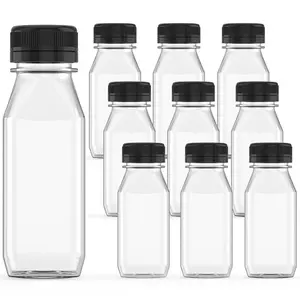 10 Pcs 8 oz Plastic Juice Bottle Reusable Transparent Bulk Beverage Containers with Black Lids for Juice, Drinking Milkshake Tea, Milk, Juicing Smoothie Water and Other Beverages, Fridge Storage