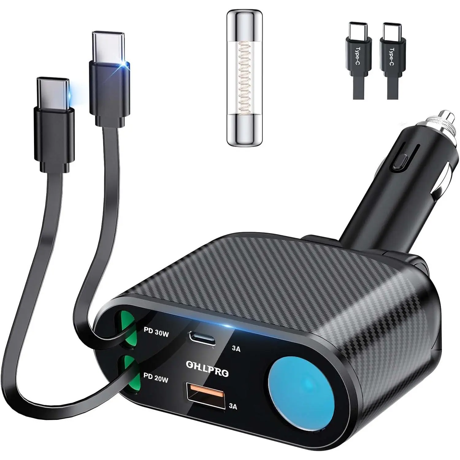 OHLPRO Retractable Car Charger Cigarette Lighter Adapter, 168W 5 in 1 Fast  Charging Built-in Replaceable Fuse, Socket Splitter with USB C and USB i Cord, Fit for  iPad Galaxy GPS, Blue sxt 2-in-1 phone 100 Magnetic Universal Mount type-c