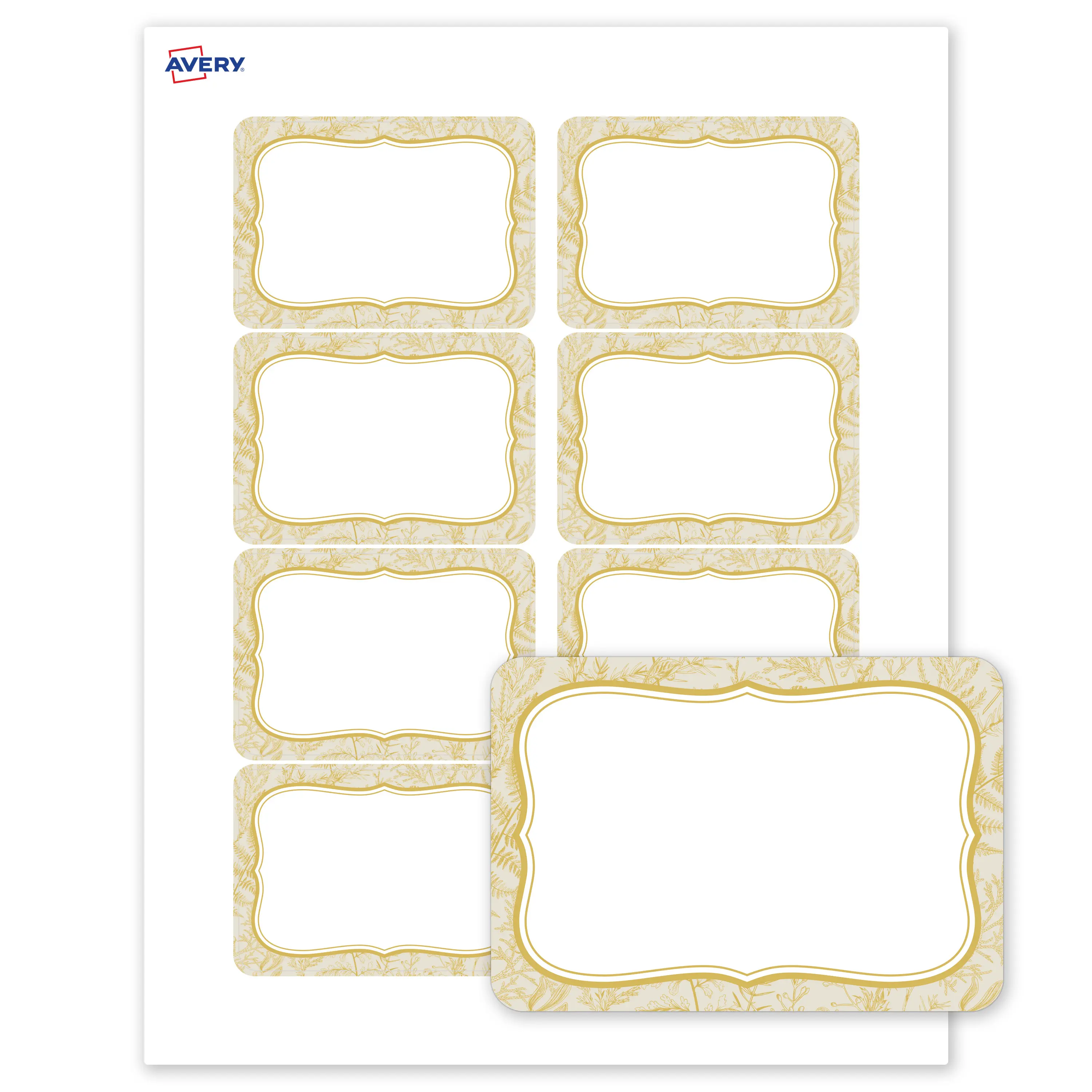 Avery Printable Adhesive Name Tags, 2-1/3" x 3-3/8", Matte White, Pre-printed Flourished Metallic Gold Florals Design, Laser & Inkjet Compatible, 160 Total