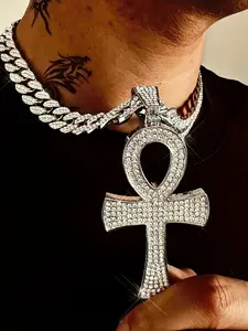 1pc Fashion Hip hop Round Cross key Shape Pendant Necklace, Iced Out Full Rhinestone Miami Cuban chain Cross Chain Design Rapper Chain Accessories Iced Out Jewelry for Men Women