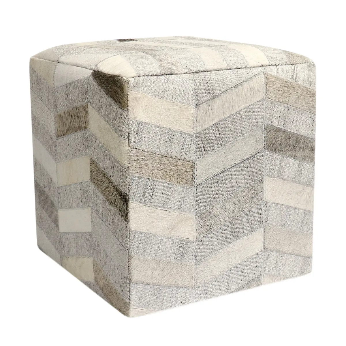 212 MAIN Galaxy Cowhide & Sari Silk Square Pouf Ottoman - 18x18x18", Silver, Natural Glamour, Zigzag Etch Indoor/Outdoor Furniture Stool