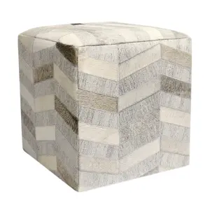 212 MAIN Galaxy Cowhide & Sari Silk Square Pouf Ottoman - 18x18x18", Silver, Natural Glamour, Zigzag Etch Indoor/Outdoor Furniture Stool