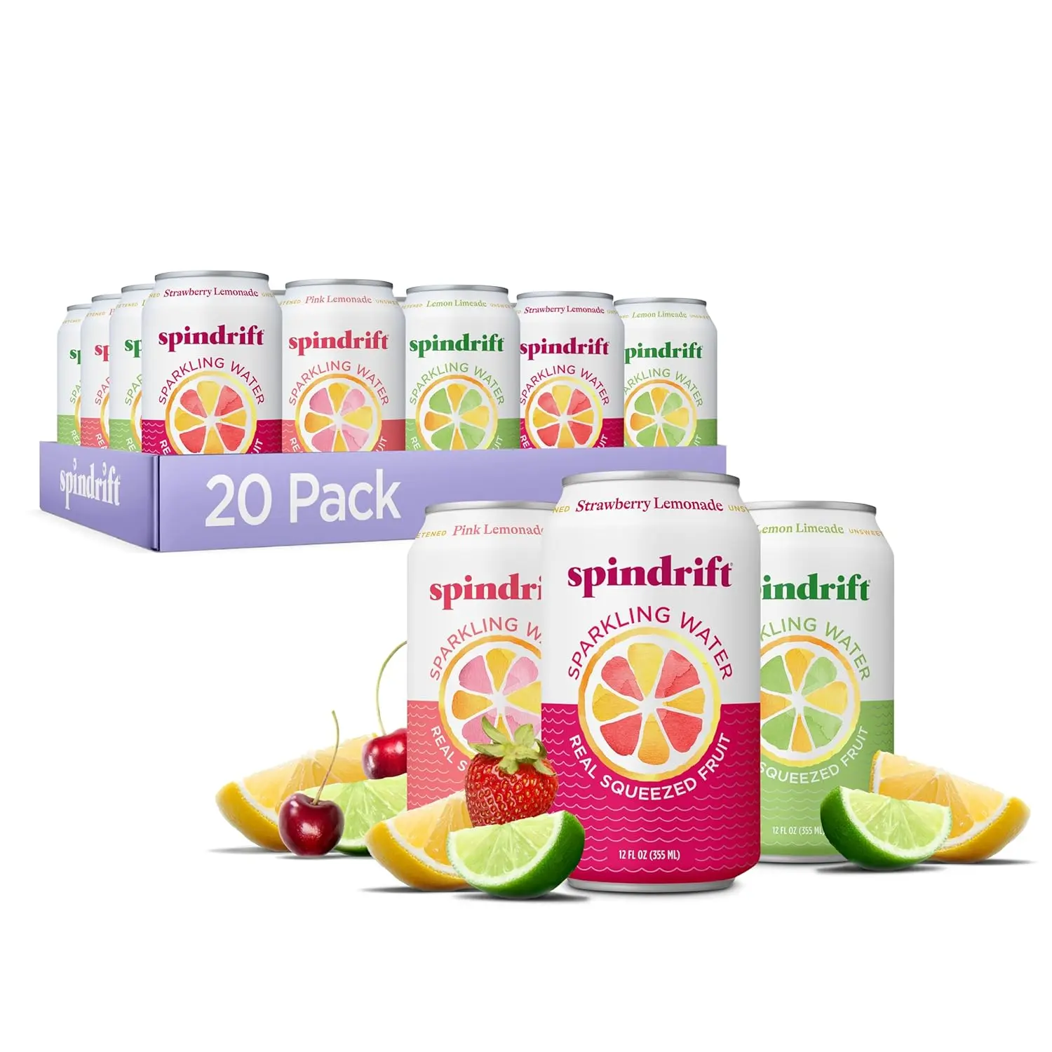 Spindrift Carbonated Chilled Lemonade Fruit Beverage, GMO-Free, Gluten-Free 3-Flavor Variety Pack (Including Strawberry), 20 Cans (12 fl oz Each)