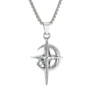 American Fashion Halloween Crescent Moon & Star Necklace, Stainless Steel Bead Chain Minimalist Luxury Cross Clavicle Chain, Family Festival Birthday Gift for Men Women