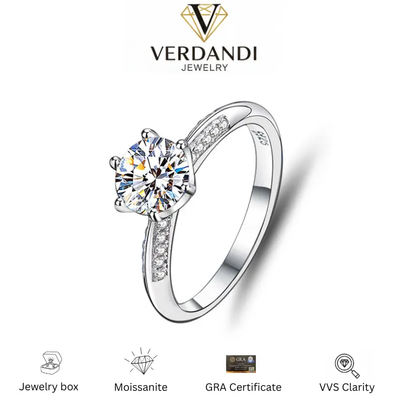 Women's 1 Carat D Color VVS Moissanite Ring, S925 Sterling Silver 6-Prong Classic Solitaire, Fine Moissanite Jewelry, Diamond Alternative Engagement Wedding Beautiful Ring, Jewelry Rings